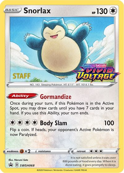 Snorlax (SWSH068) (Staff Prerelease Promo) [Sword & Shield: Black Star Promos] | Exor Games Truro