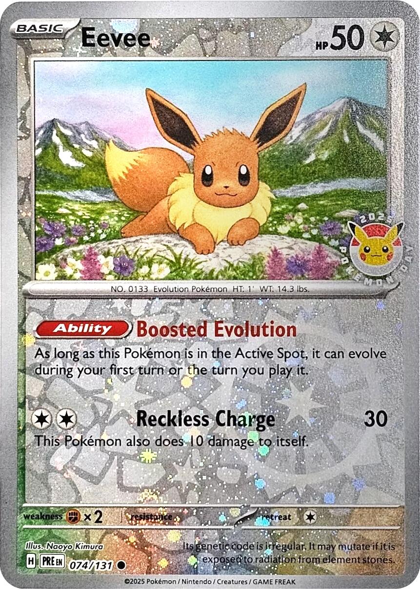 Eevee (074/131) (Pokemon Day 2025) (Reverse Cosmos Holo) [Scarlet & Violet: Prismatic Evolutions] | Exor Games Truro