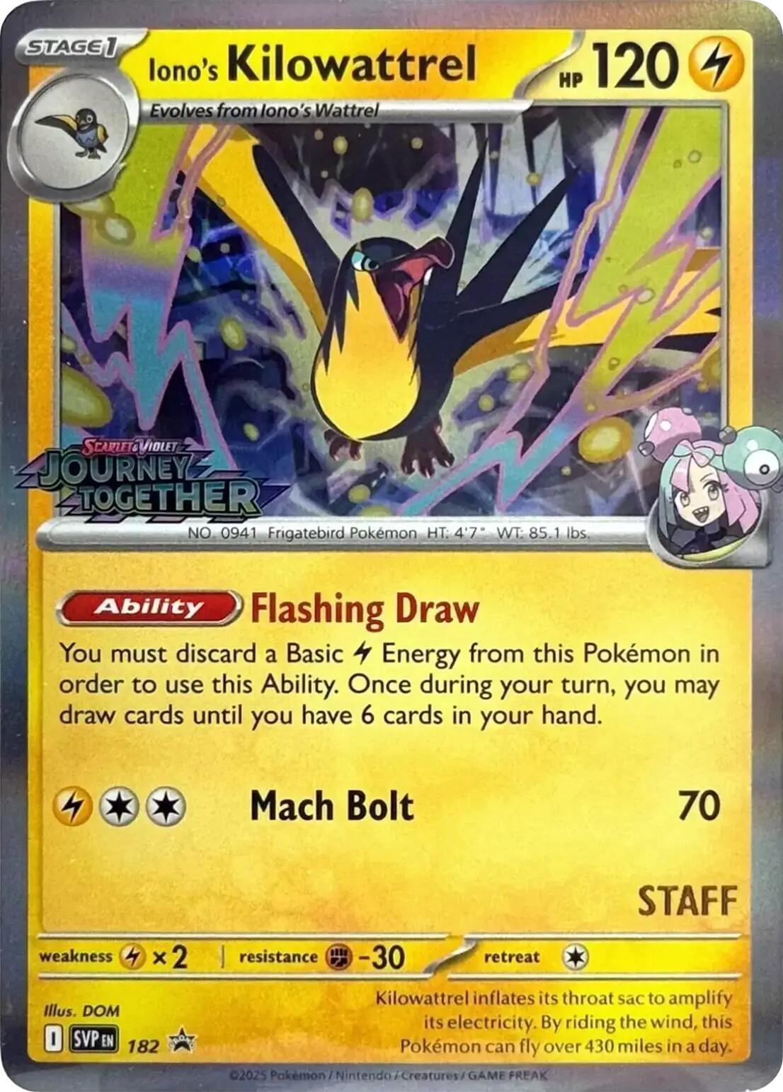 Iono's Kilowattrel (182) (Prerelease Staff) [Scarlet & Violet: Black Star Promos] | Exor Games Truro