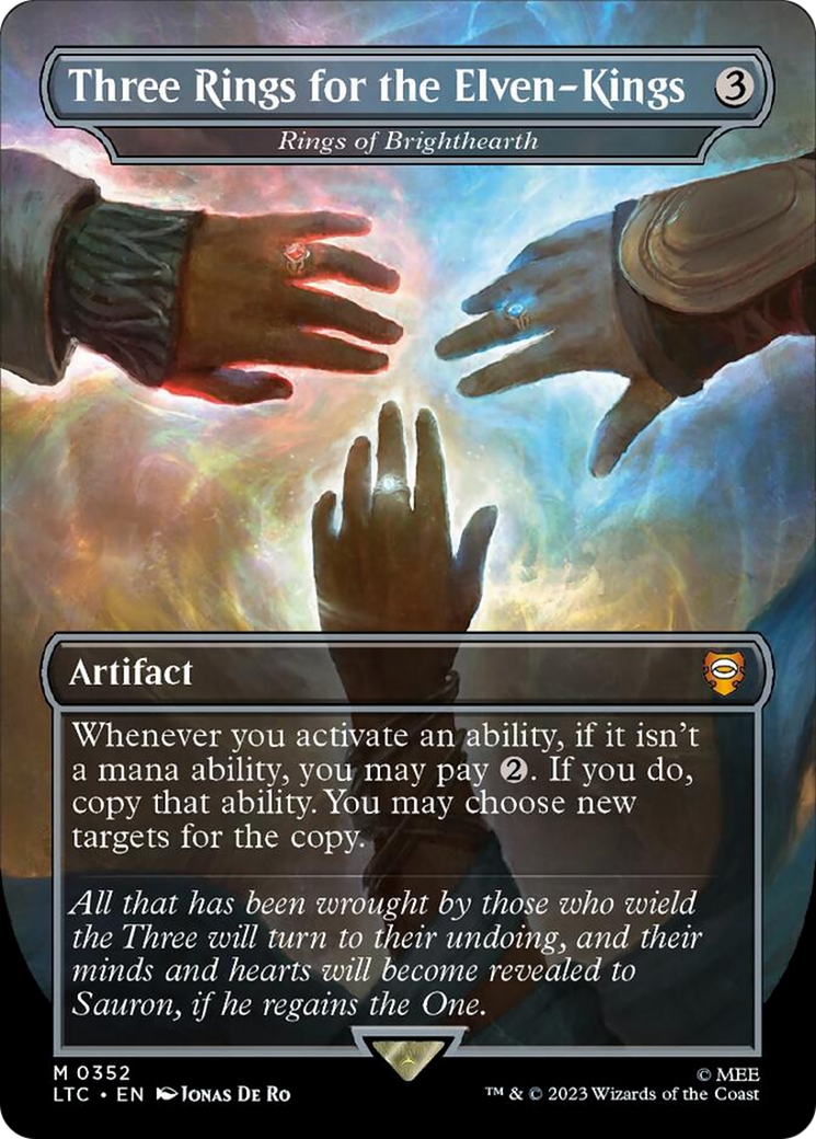 Three Rings for the Elven-Kings - Rings of Brighthearth (Borderless) (Surge Foil) [The Lord of the Rings: Tales of Middle-Earth Commander] | Exor Games Truro