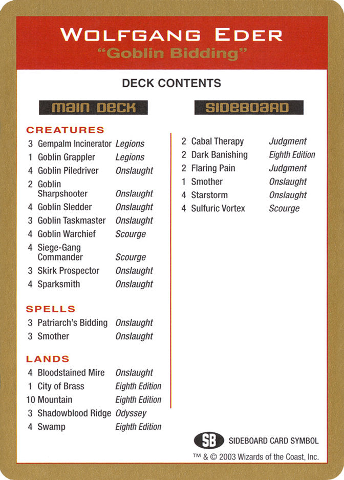 Wolfgang Eder Decklist [World Championship Decks 2003] | Exor Games Truro