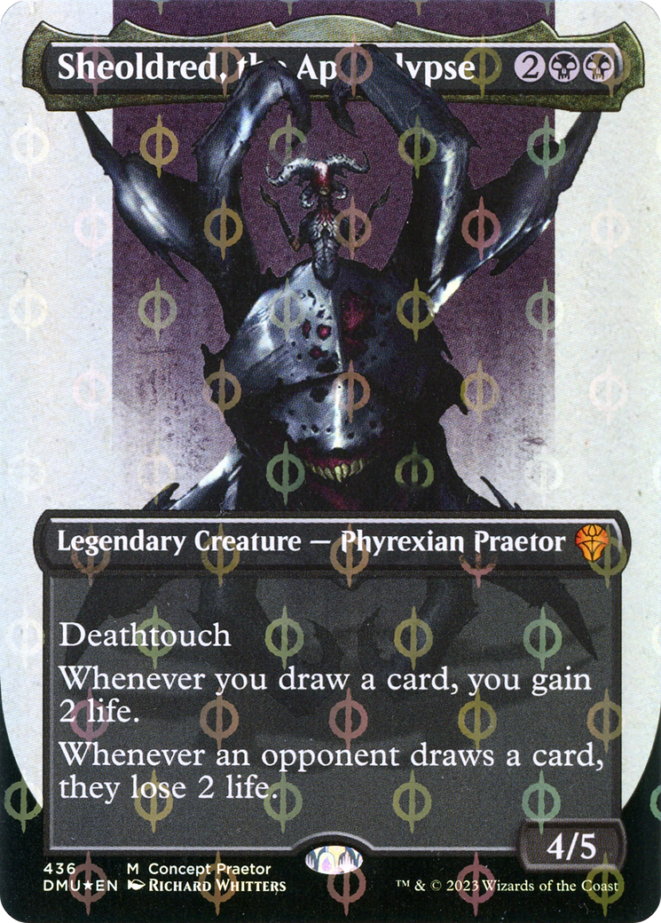 Sheoldred, the Apocalypse (Borderless Concept Praetors Step-and-Compleat Foil) [Phyrexia: All Will Be One] | Exor Games Truro