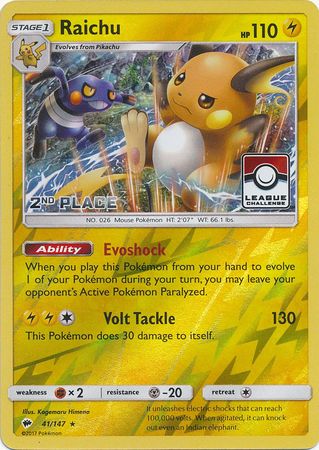 Raichu (41/147) (League Promo 2nd Place) [Sun & Moon: Burning Shadows] | Exor Games Truro