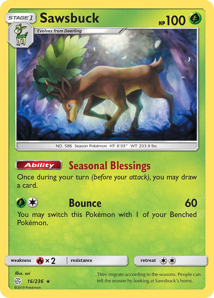 Sawsbuck (16/236) (Prerelease Kit Exclusive) (Theme Deck Exclusive) [Sun & Moon: Cosmic Eclipse] | Exor Games Truro