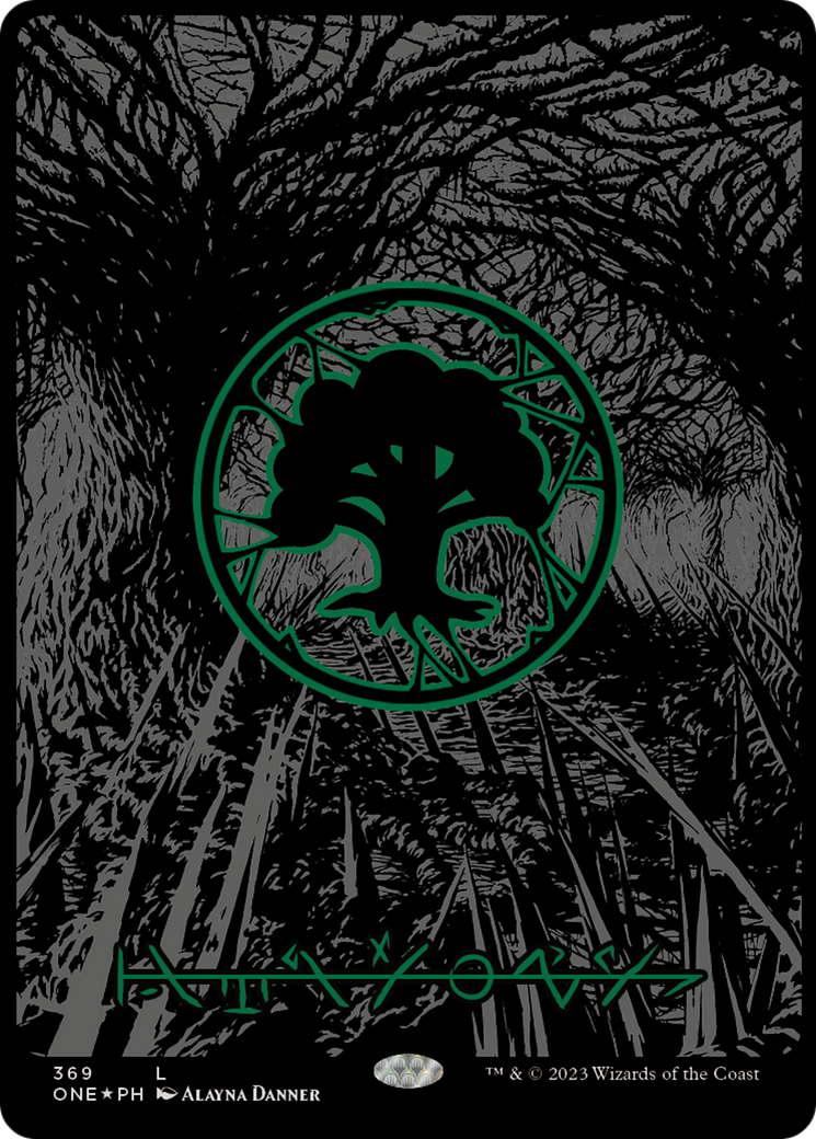 Forest (369) (Oil Slick Raised Foil) [Phyrexia: All Will Be One] | Exor Games Truro