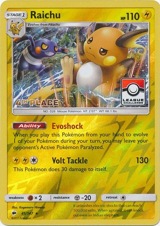 Raichu (41/147) (League Promo 4th Place) [Sun & Moon: Burning Shadows] | Exor Games Truro