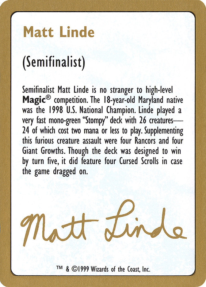 Matt Linde Bio [World Championship Decks 1999] | Exor Games Truro